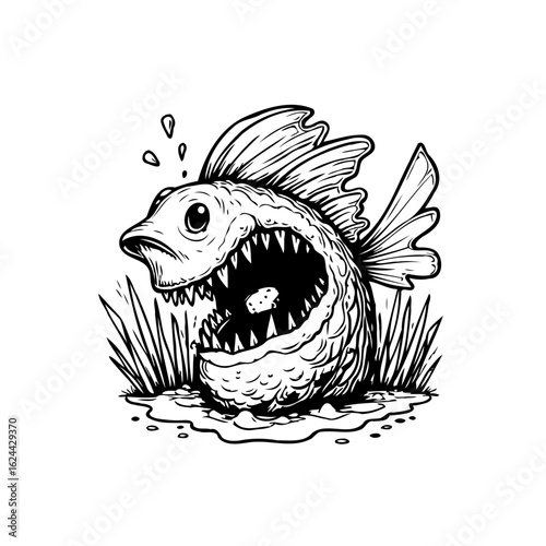 Aggressive piranha fish vector illustration with sharp teeth an underwater predator in black and white