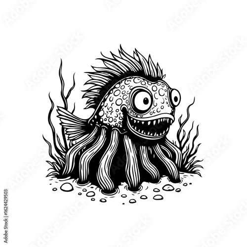 Whimsical sea creature illustration showcasing a unique fish-octopus hybrid design with expressive features and aquatic environment