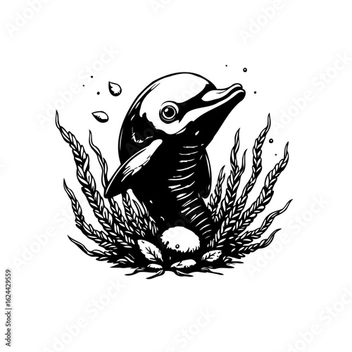 A captivating monochrome dolphin illustration emerges from seaweed depths, showcasing aquatic grace and minimalist design, artful marine