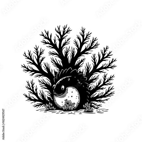 Whimsical underwater creature nestled among coral branches: a black and white digital painting illustration