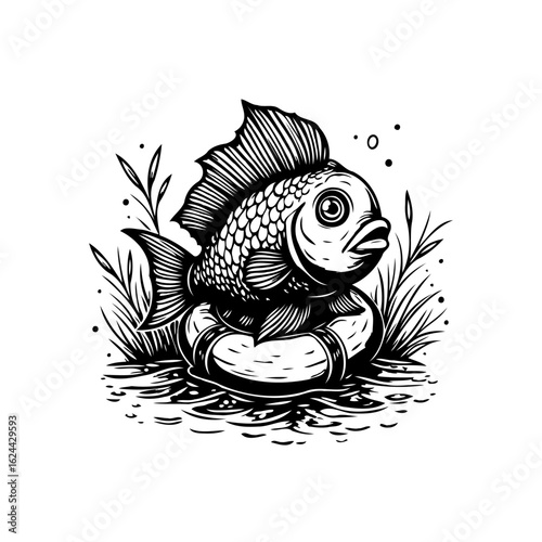 Whimsical fish illustration swimming in a life preserver ring amidst seaweed in black and white style