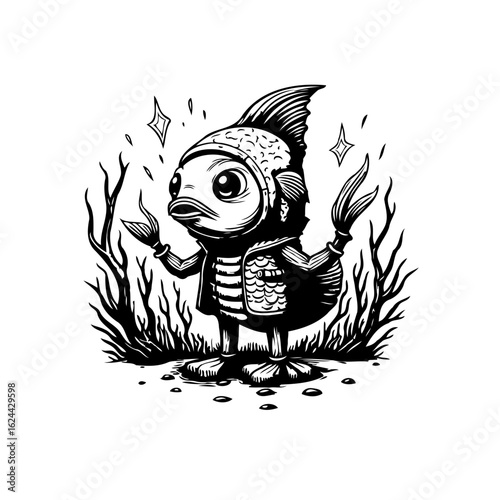 Whimsical illustration featuring a unique character a fusion of a fish and human with captivating details and imaginative design