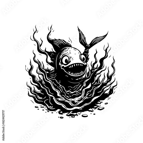 Illustrated caricature of a fish monster swimming in black and white artistic depiction with a quirky touch