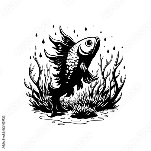A captivating illustration featuring a stylized fish surrounded by aquatic plants and falling drops design