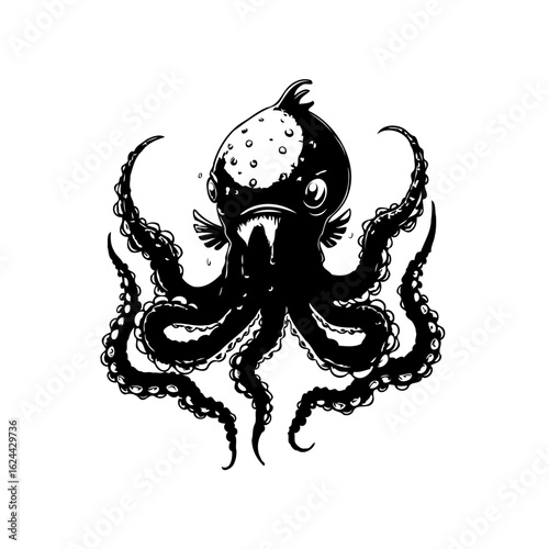 Whimsical deep sea creature: Hand drawn octopus illustration in black and white for ocean themed designs