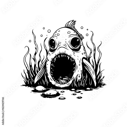 Cartoon creature with big eyes and open mouth in black and white illustration drawing of monster fish