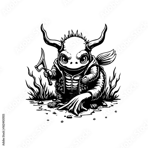 Illustration of a cute but slightly menacing creature holding an axe standing on rocky ground with vegetation
