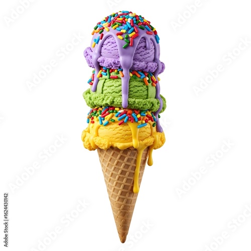 Triple Scoop Colorful Ice Cream Cone with Sprinkles Isolated on White Background