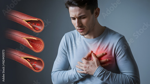 Man experiencing chest pain with illustration of constricted artery indicating health concern