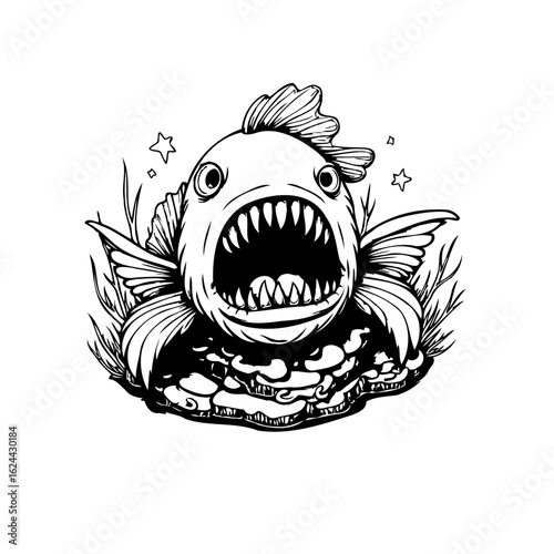 A ferocious fish illustration in black and white exhibiting sharp teeth with aquatic plants around it creating unique design