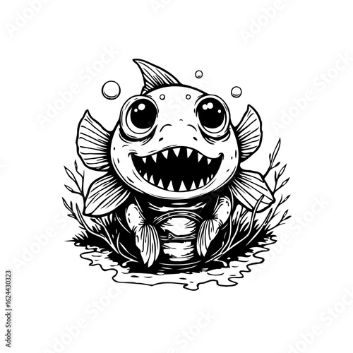 Charming monochrome illustration of a whimsical fish character with big eyes and playful expression a marine theme