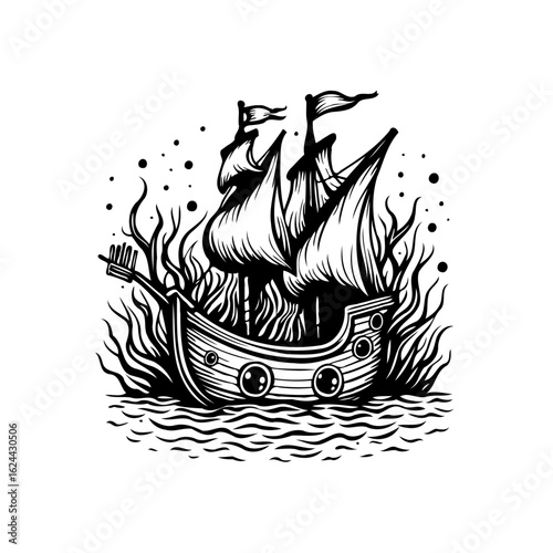 Monochrome illustration depicting a sailing ship engulfed in flames with billowing smoke and turbulent waters symbolizing destruction
