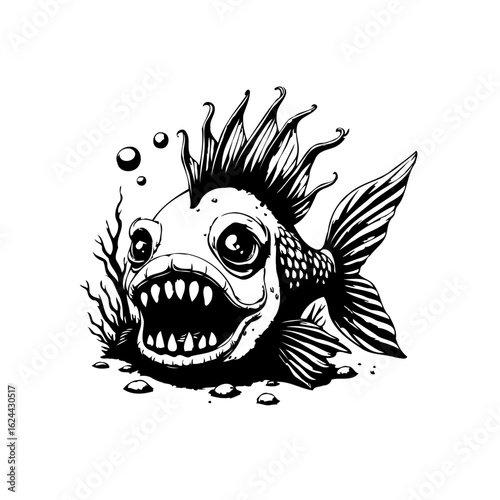 A whimsical fish with exaggerated features in a playful cartoon style illustration ready for kids book or decoration