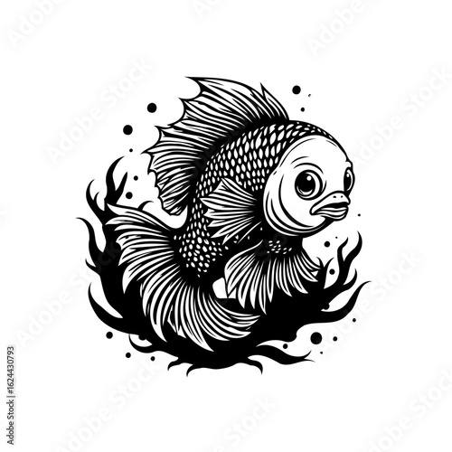 Charming monochromatic fish illustration swimming gracefully in water adorned with delightful bubbles art vector