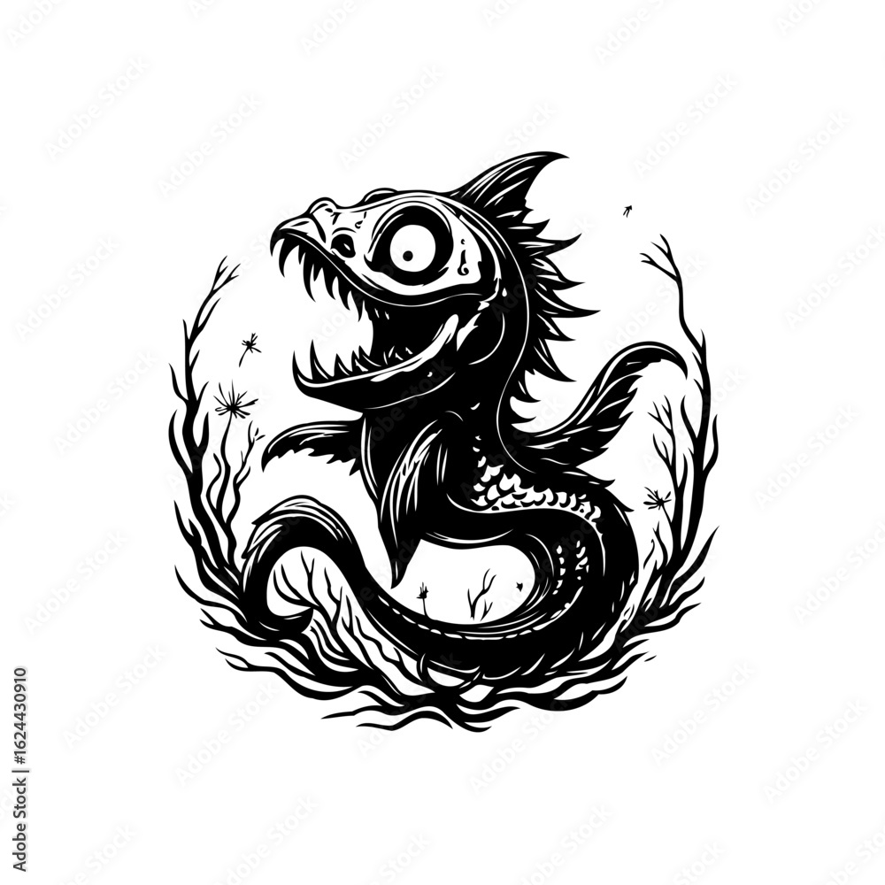 Fototapeta premium Detailed whimsical monster creature design illustration in monochrome, a dark fantasy art piece in intricate black linework
