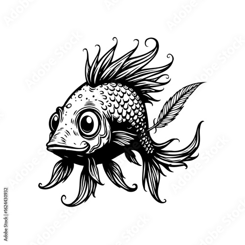 Whimsical black and white fish illustration with fanciful fins adding aquatic charm and playfulness to create an illustration