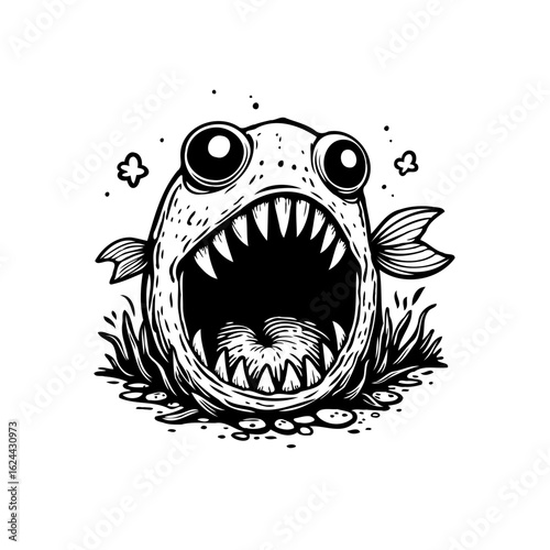 A captivating comical fish illustration with an exaggerated toothy grin and big eyes drawing attention