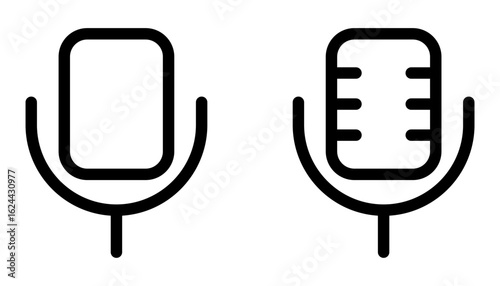 Microphone Icon Set. Minimal Line Art Symbols of Modern and Vintage Mic for Audio Recording, Podcast, Music, Voice Control. Isolated Black Silhouette Vector for UI, Web, App or Media Design
