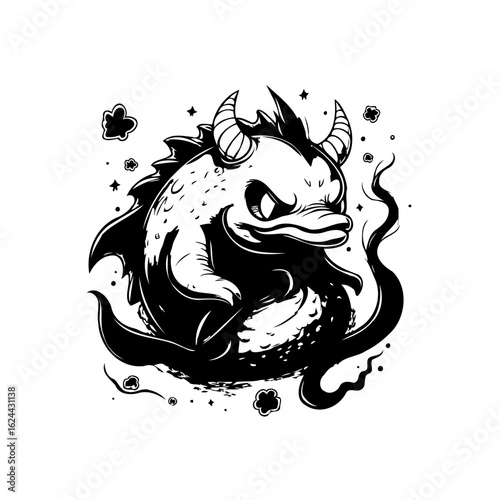 Cartoonish devilish sea creature with horns and a spiky fin looks angrily isolated on white background fantasy art