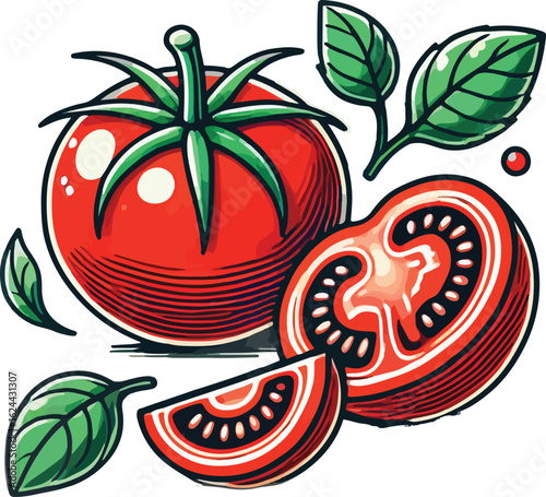 Red tomato with basil leaves and slices green
