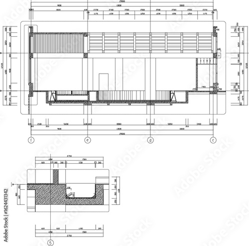 Vector sketch illustration of architectural engineering design drawing of swimming pool detail with shower room