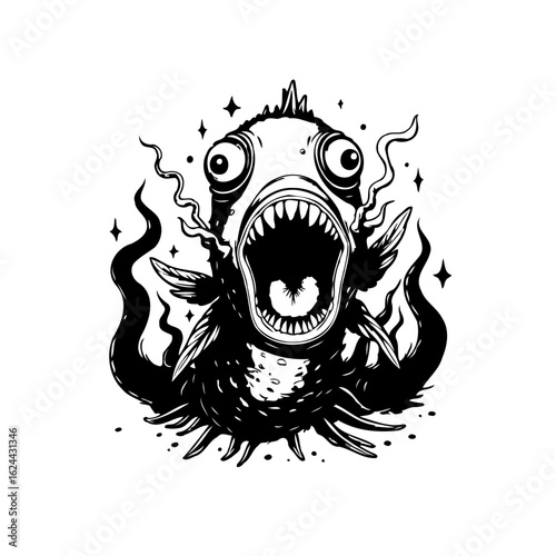 An unsettling creature with wide eyes and a gaping mouth surrounded by dark swirls evokes fear