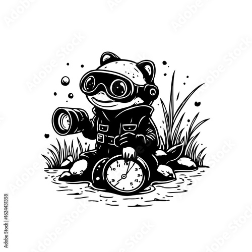 Adventurous frog in diving gear holding a clock and camera surrounded by grass illustration style