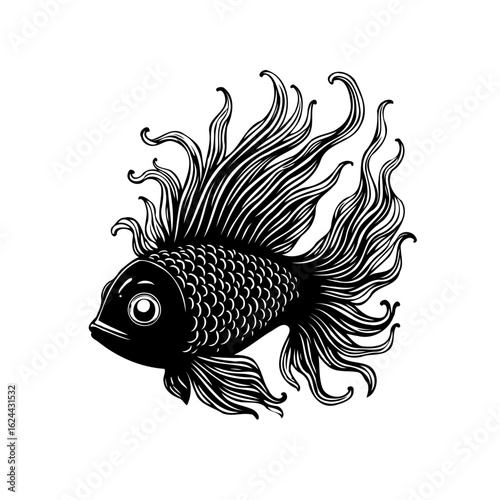 Elegant monochrome illustration of a betta fish with flowing fins creates a captivating aquatic design masterpiece