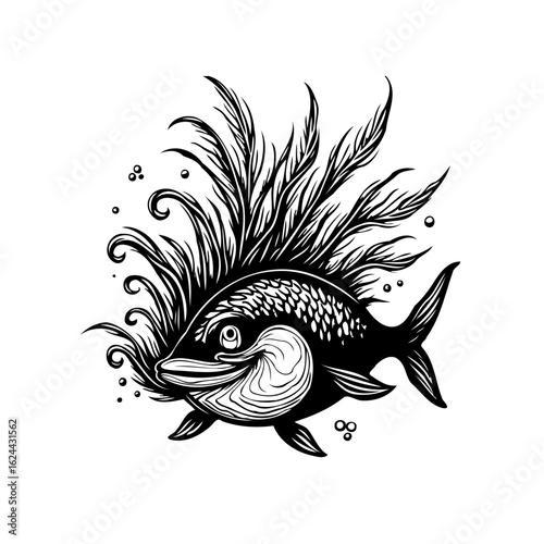 Black and white illustration of a whimsical fish swimming in a sea of reeds and bubbles