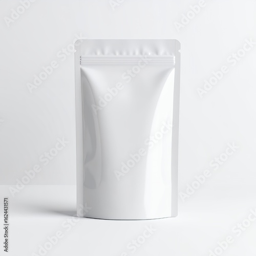 Glossy pouch packaging mockup, showcasing product presentation possibilities on white background