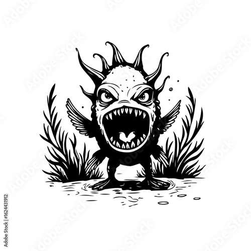 A captivating monochromatic illustration of a whimsical creature with a toothy grin and spiky features in detailed vector