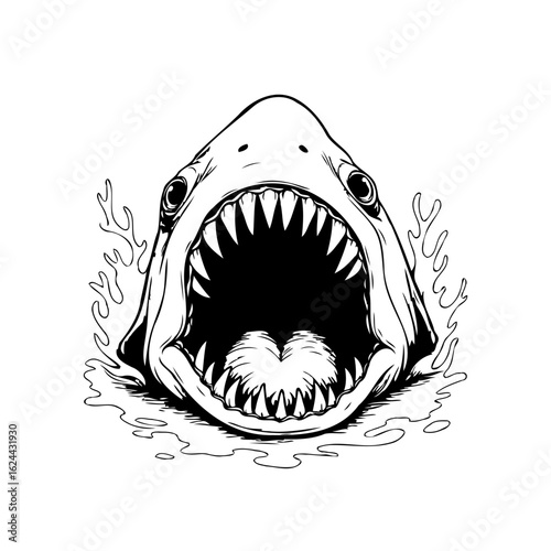 Intense shark head with open jaws and sharp teeth showing aggression in detailed illustration ready to attack and devour