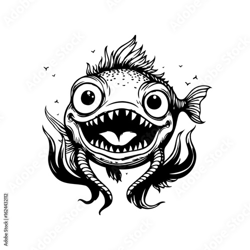 Tablou pe pânză Humorous illustration of a cartoon fish with an exaggerated expression of surpri