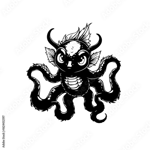 Whimsical sea creature vector illustration featuring an adorable tentacled monster with horns and captivating eyes isolated