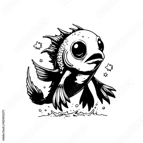 Whimsical sea creature a captivating digital illustration of a funny fish with exaggerated eyes and fins on white