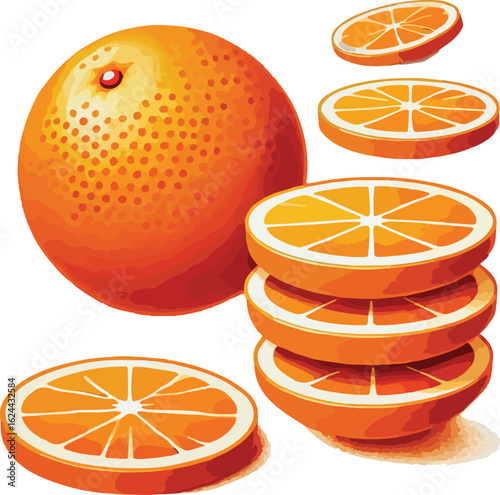 Whole orange and stacked orange slices citrus fruit