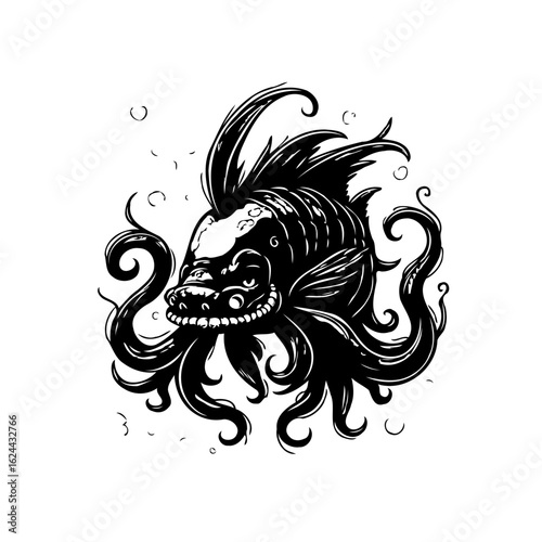 Illustration of a monstrous fish with tentacles and bubbles, a captivating creature illustration design art