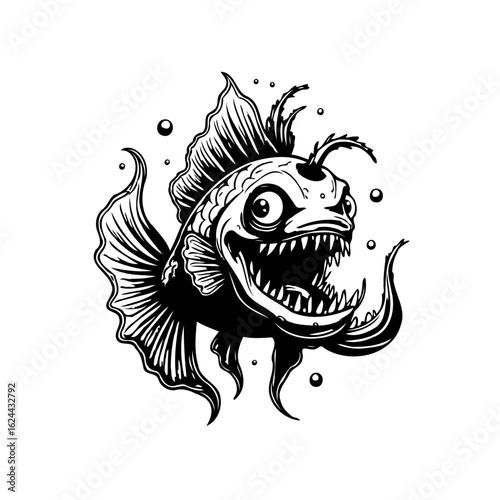Captivating drawing showcases an imaginative toothy fish illustration with intense eyes, creating a compelling creature design