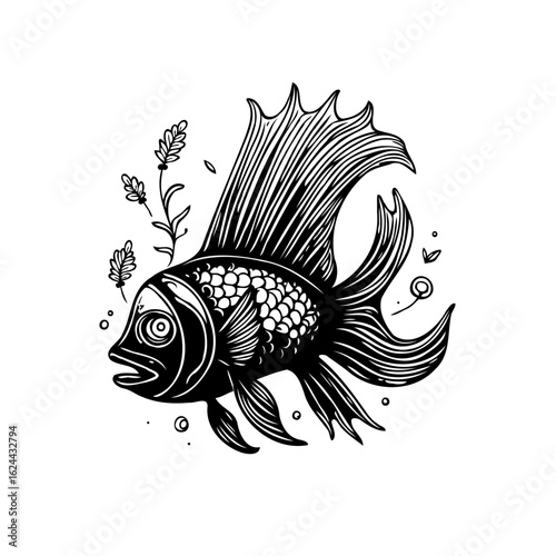 Unique fish artwork featuring detailed line work capturing marine life in a whimsical artistic style for designs