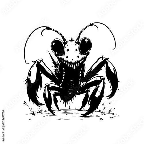 Whimsical creepy crawly insect creature illustration cartoon style, with detailed legs, antennae, and large eyes