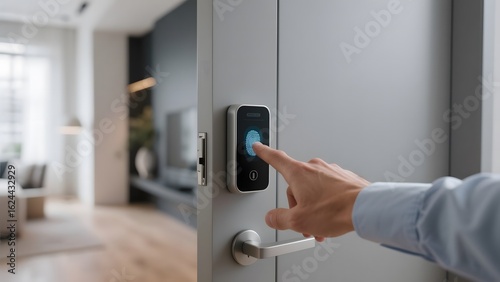 Person using a smart door lock with fingerprint technology