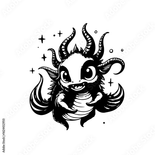 Black and white cartoon monster illustration showing a unique and engaging imaginary creature design with horns