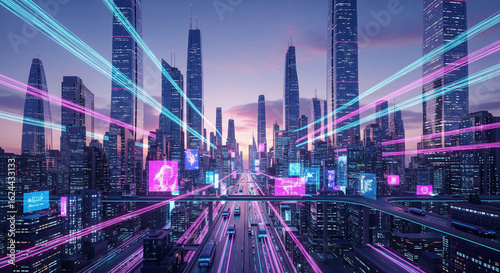 Futuristic cityscape with glowing data streams and neon lights