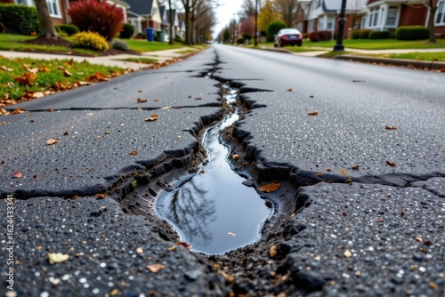 large asphalt crack areas showing trapped water after storms indicating surface damage that impedes proper drainage flow no punctuation marks or strange characters included