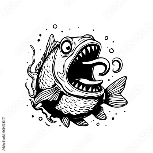 Humorous cartoon fish with exaggerated features shows a predatory open mouth tongue design ink