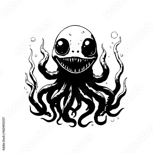 Creepy cute octopus illustration with toothy grin, perfect for halloween or children's books designs