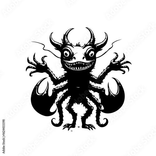An amusing cartoonish depiction of a whimsical black monster character design with wings and horns illustration