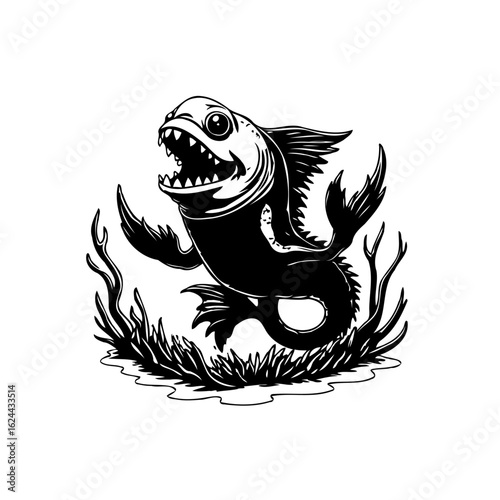 Illustration of ferocious stylized fish with open mouth and sharp teeth and aquatic flora