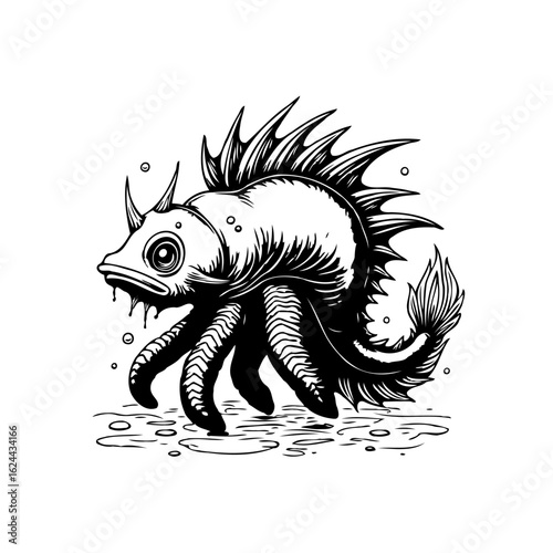 Wallpaper Mural Captivating monochrome illustration of a fantastical creature with fish and octopus features in a stylized manner Torontodigital.ca