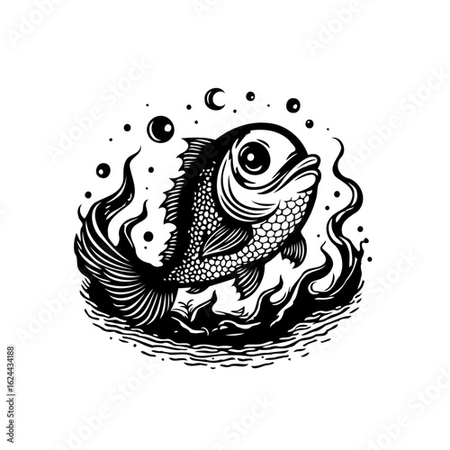 A stylized fish swimming in turbulent waters, evoking a sense of dynamic energy illustration art